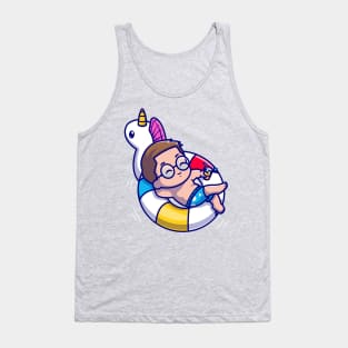 Cute Man Floating With Swimming Balloon Cartoon Tank Top